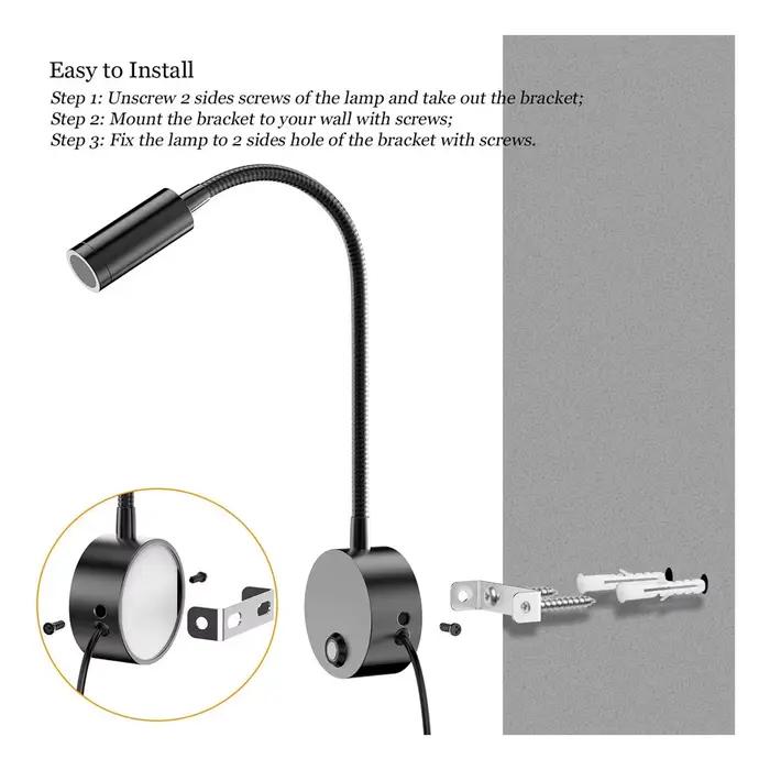 Lampe de Lecture Murale de oral et USB à Intensité Tactile 3CCT, Col de Cygne de 15 Pouces, 3W, 2 Pi