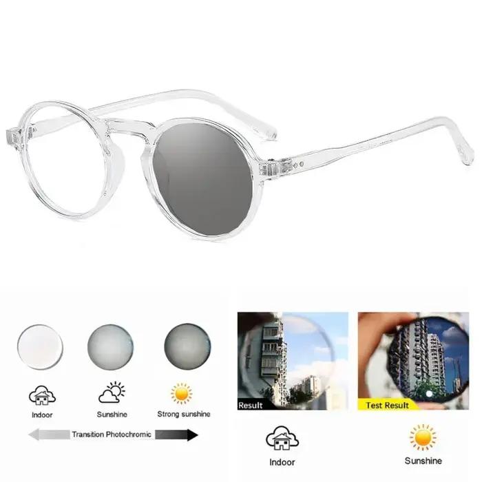 Lunettes rondes vintage photochromiques pour myopie, lunettes de lecture avec cadre en plastique, verres CR-39 photochromiques pour hommes et femmes, idéales pour les occasions extérieures et spéciales