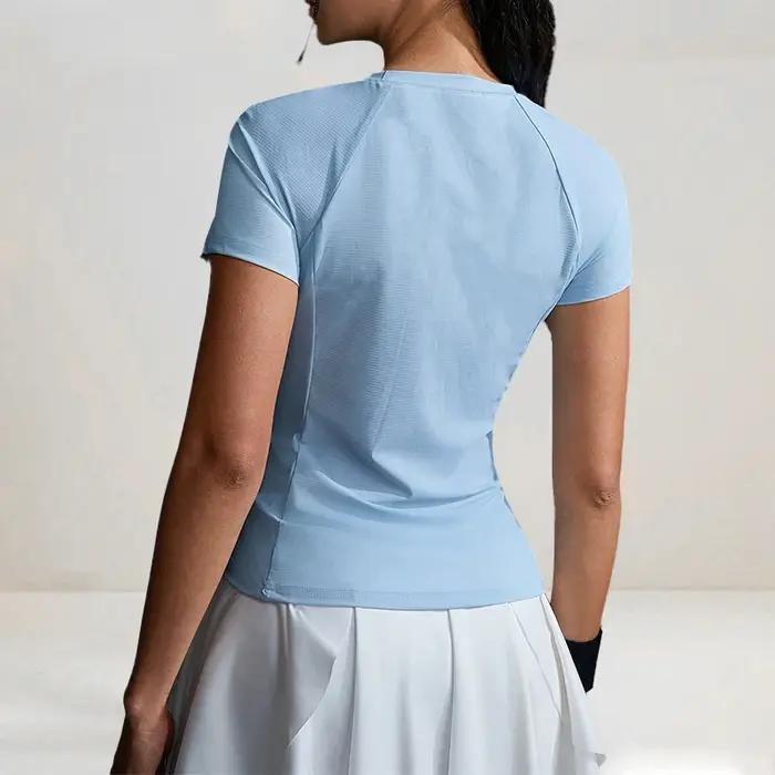 T-shirt bleu à manches courtes pour femme, coupe ajustée, col rond, tricoté, style streetwear sportif