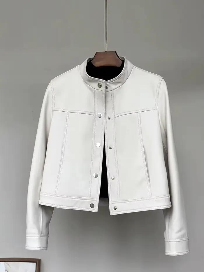 Lautaro printemps automne court blanc doux Pu veste en cuir femmes col montant à manches longues élé