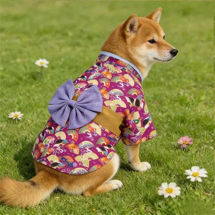 Kimono japonais pour animaux de compagnie avec imprimé éventail et nœud