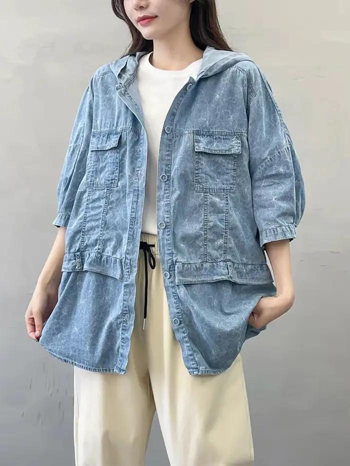 Chemise florale à capuche en denim ample et décontractée pour femmes occasions spéciales été 2024