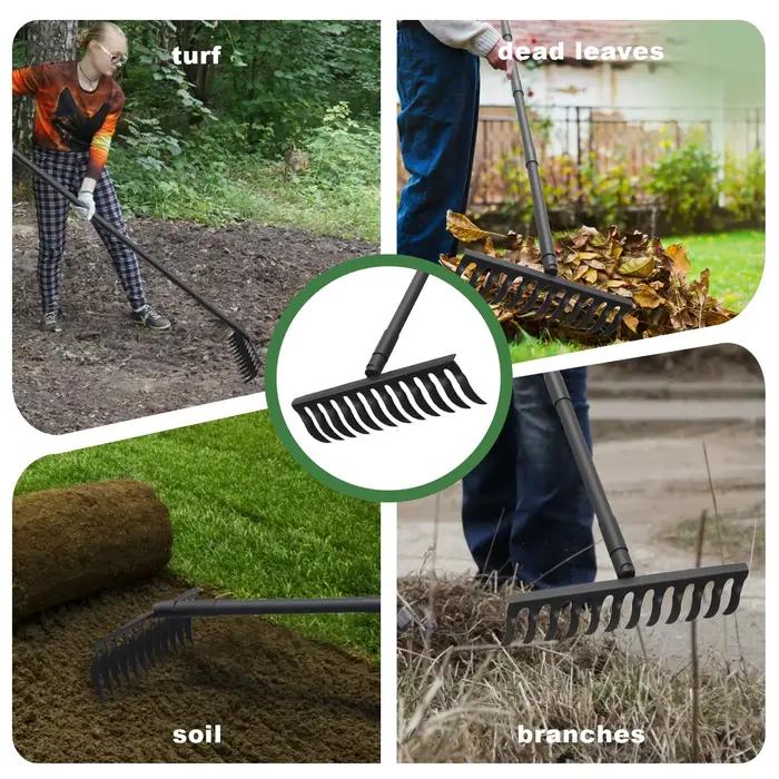 Râteau à chair de jardin avec manche Long réglable de 60 pouces, râteaux à arc en métal robuste de 17 pouces de large pour le jardinage, nivellement de la pelouse