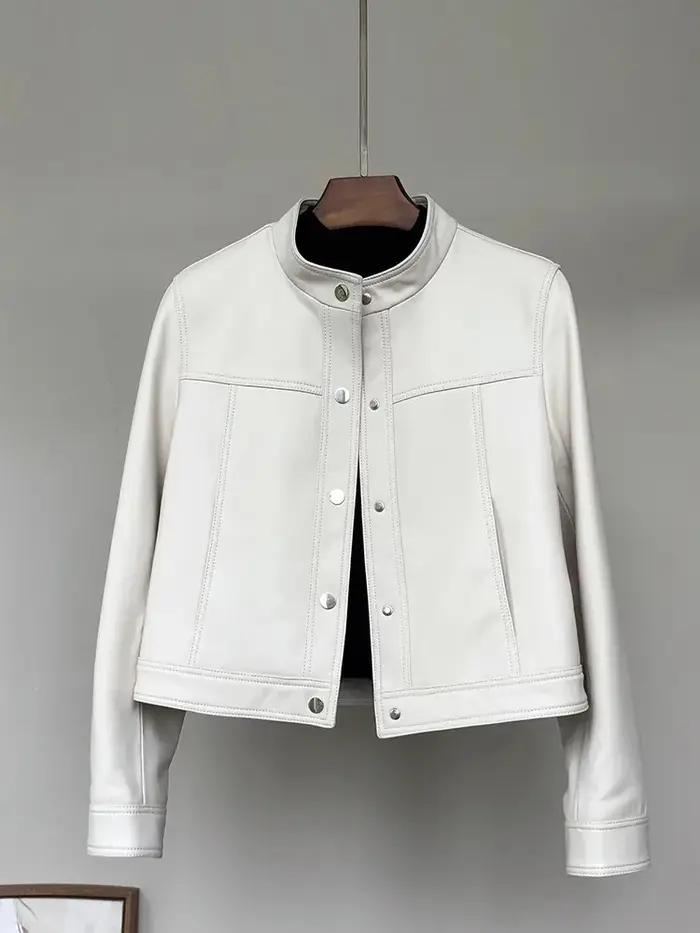 Veste en simili cuir élégante et luxueuse avec col montant et manches longues pour femmes, parfaites pour les occasions formelles et semi-formelles, printemps et automne ```