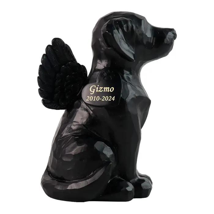 Statue de jardin commémorative d'ange de chien noir personnalisée avec caractéristiques d'urne de cr