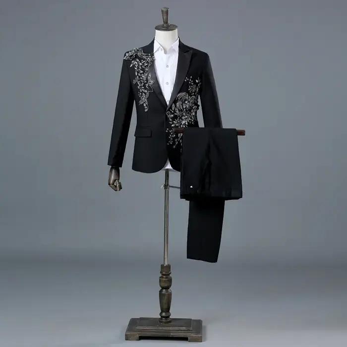 Ensembles de costumes élégants pour hommes avec des appliques de perles de luxe hôte scène chanteur Perfrom