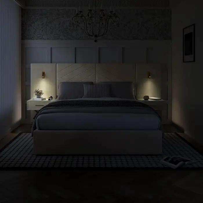 Cadre de lit Queen de luxe avec éclairage LED doré intégré et tables de chevet, tête de lit capitonn