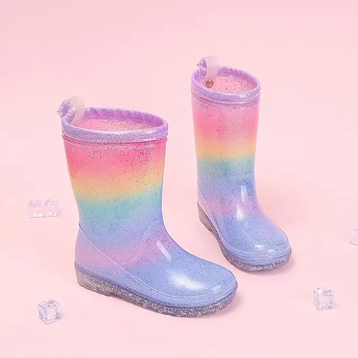 Bottes de pluie pour filles mignonnes quatre saisons, dégradé arc-en-ciel, paillettes, imperméables,