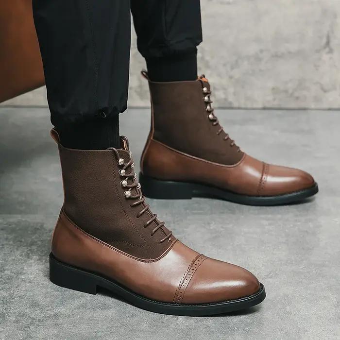Bottes courtes en cuir de style britannique pour hommes, chaussures décontractées noires, marque, gr