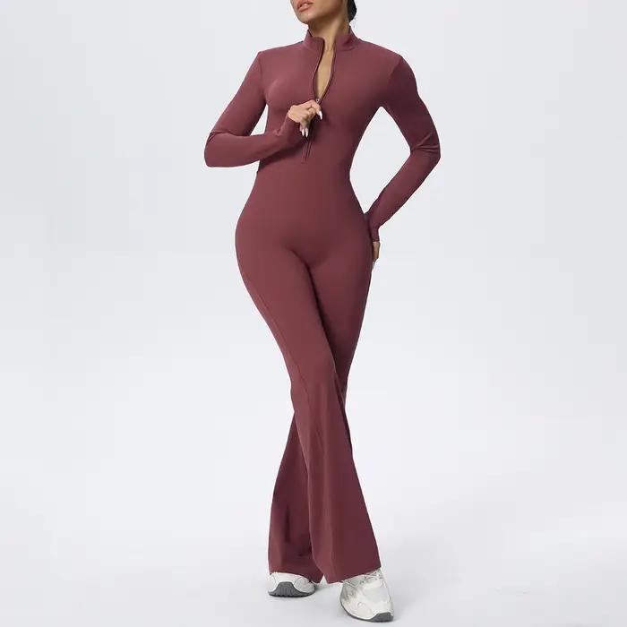 Femme couleur unie combinaison Yoga costume demi fermeture éclair Scrunch sport Fitness vêtements gymnastique Push Up