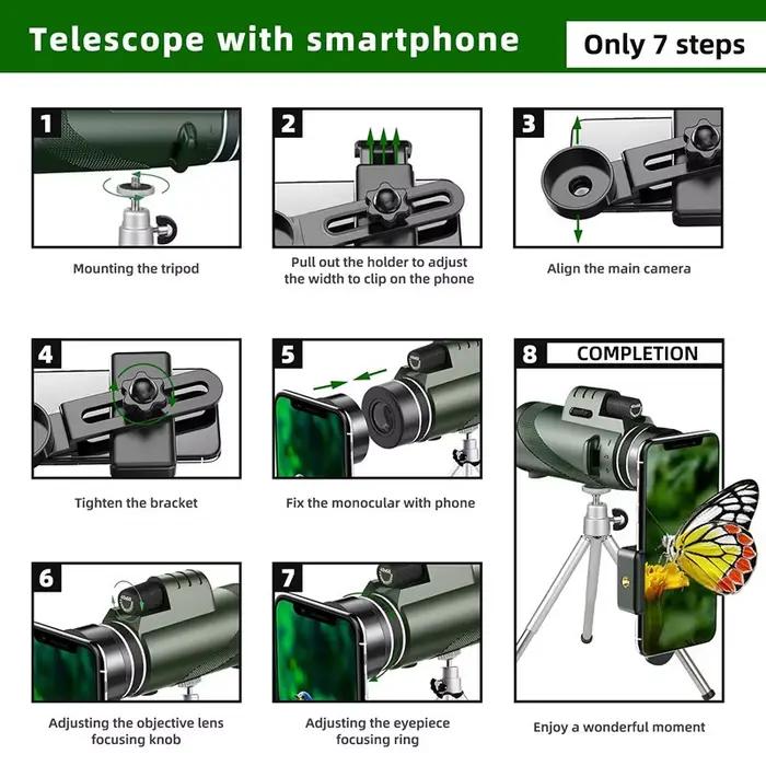 Monoculaire puissant 80x100 HD zoom longue portée télescope chasse camping avec trépied et support téléphone
