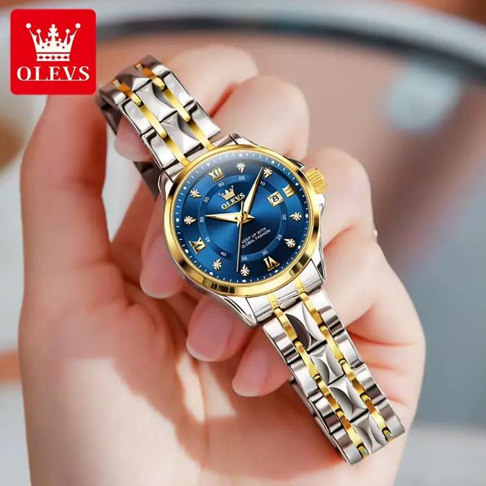 Montre femme OLEVS luxe or petit cadran - Étanche acier inoxydable bracelet losange date