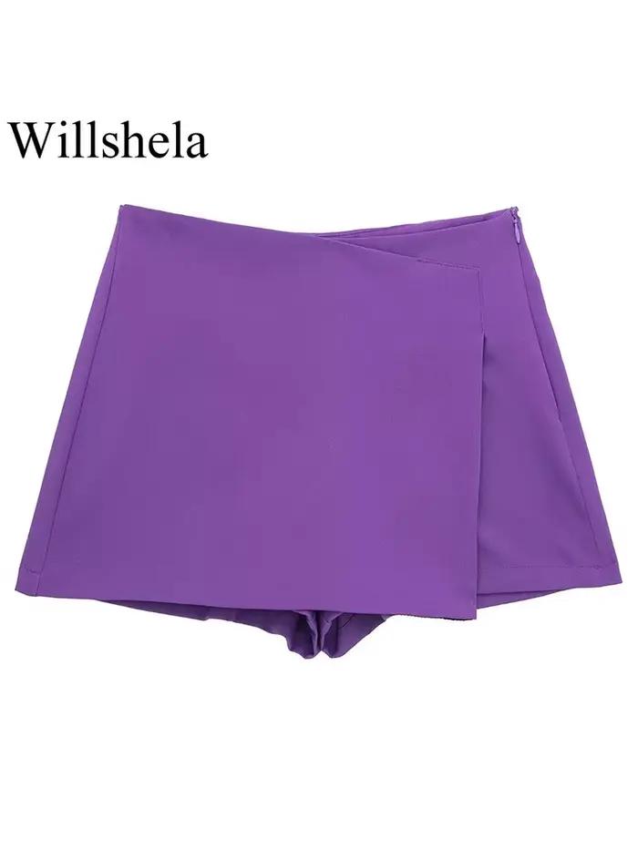Willshela femmes mode solide asymétrique côté fermeture éclair jupes Shorts Vintage taille haute fem
