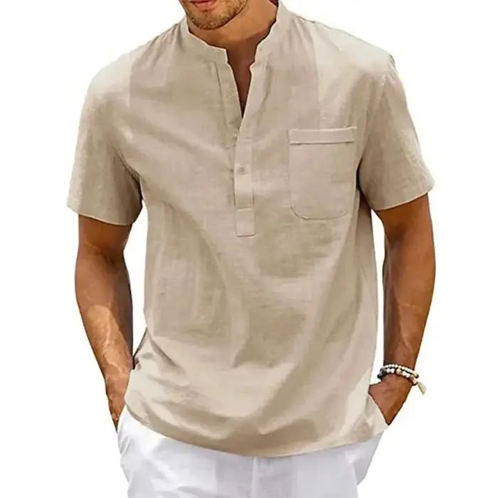 Chemise en coton et lin King Billion col Henley pour hommes décontractée couleur unie plage été hauts tshir