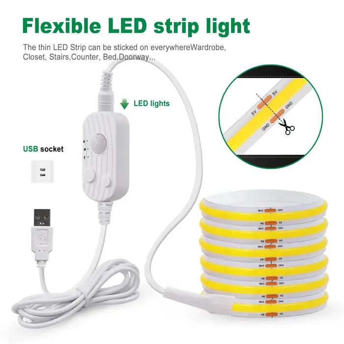 DC 5V LED COB bande 8MM batterie USB sans fil avec capteur de mouvement 320LED s/M veilleuse cuisine