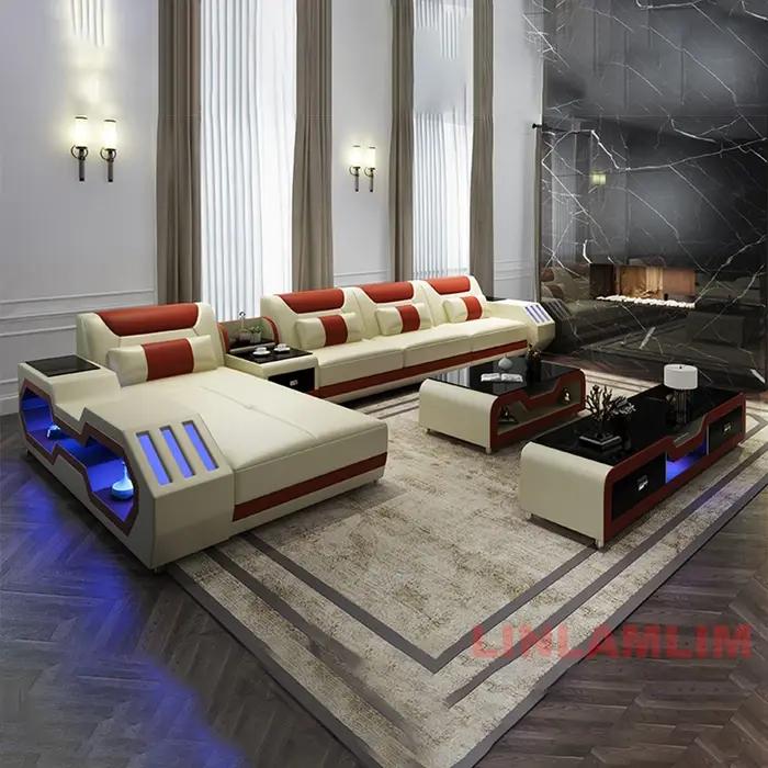 Ensemble de canapé moderne éclairé par LED avec fauteuil inclinable, appui-tête et console réglables