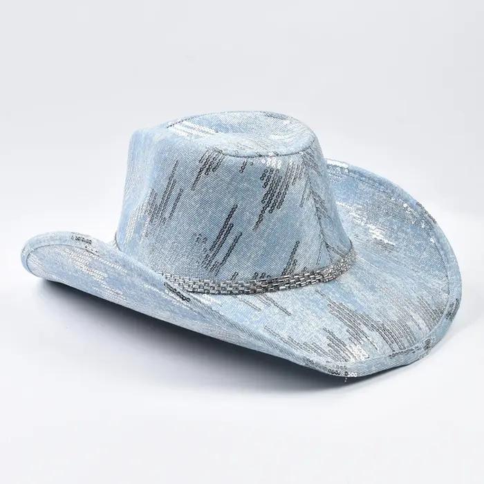 Chapeau de cowboy occidental en denim lavé, chapeau de jazz de cow-girl adapté aux vêtements décontr