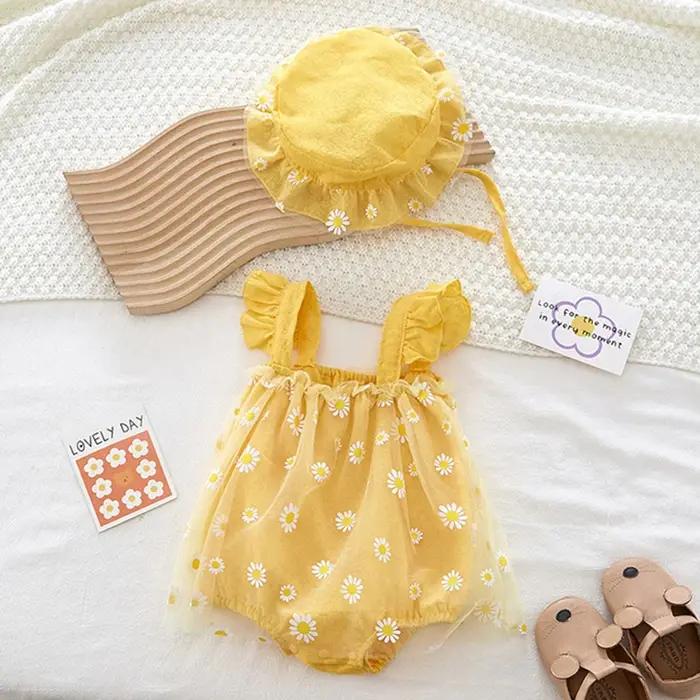 Vêtements d'été pour bébés filles, combinaison + chapeau, manches volantes, impression en coton, mai