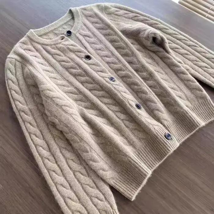 Femmes laine mérinos Cardigans pull solide col rond torsion décontracté tricoté hauts hiver automne recadrée pu