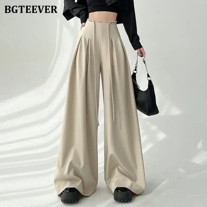 Pantalon de femme BGTEEVER élégant à lacets taille haute longueur au sol avec poches amples et jambes larges pour printemps et été