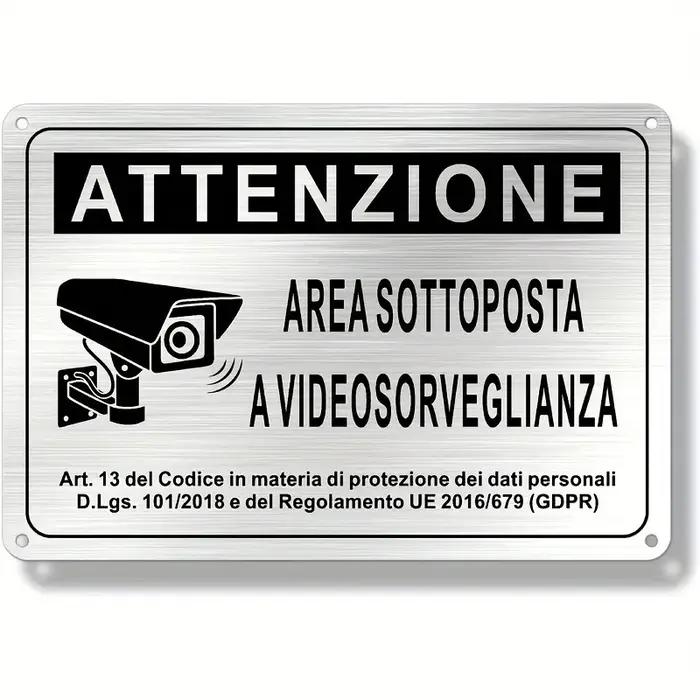 Panneau de signalisation de sécurité italien 20x30cm – Bannière en aluminium pour zone de vidéosurveillance, alerte noir et blanc avec image de caméra de police