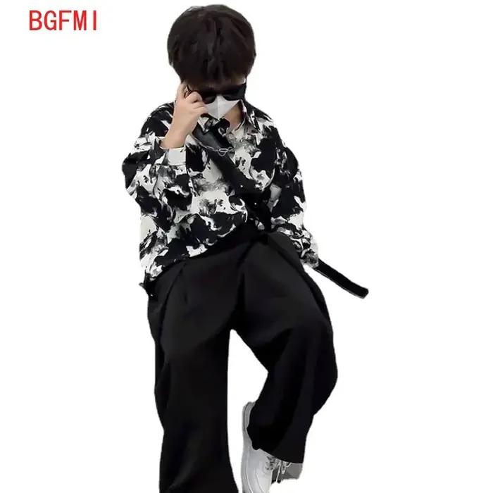 Tenue chemise pour adolescent de 4 à 14 ans, vêtements à la mode pour enfants, nouvelle chemise coréenne avec peinture à l'encre et pantalon de costume à jambes larges, nouvelle collection printemps e