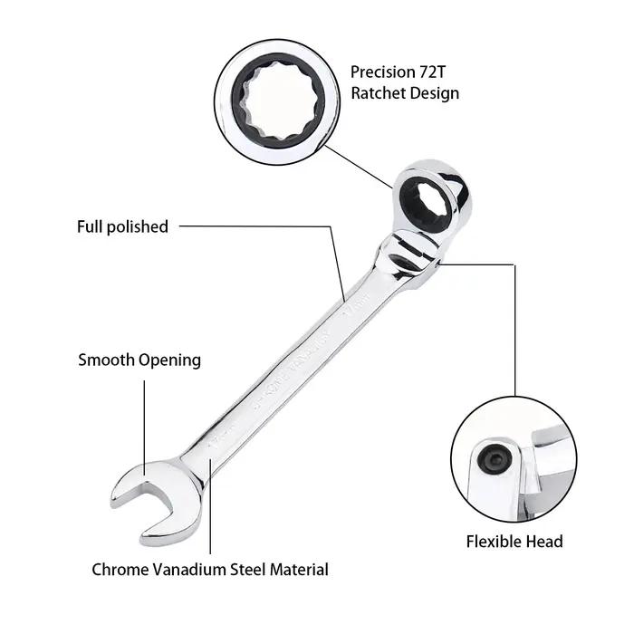 Clé à cliquet de clés, jeu de clés, outil manuel, cliquet à 72 dents, tête Flexible, finition miroir