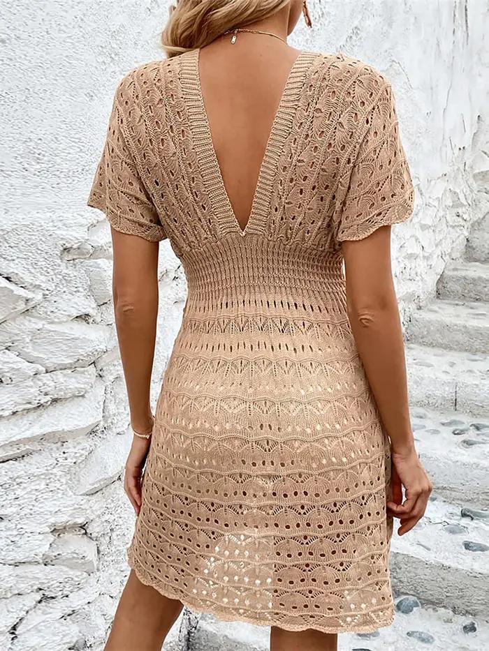 Robe courte crochet tricotée col V manches courtes tunique couverture plage vêtement plage femme été