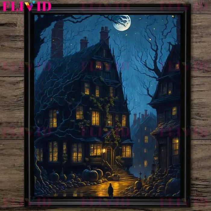 Toile d'Art Mural Vintage avec Château Hanté sous la Book ine Lune, Affiche Gothique Victorienne, Dé
