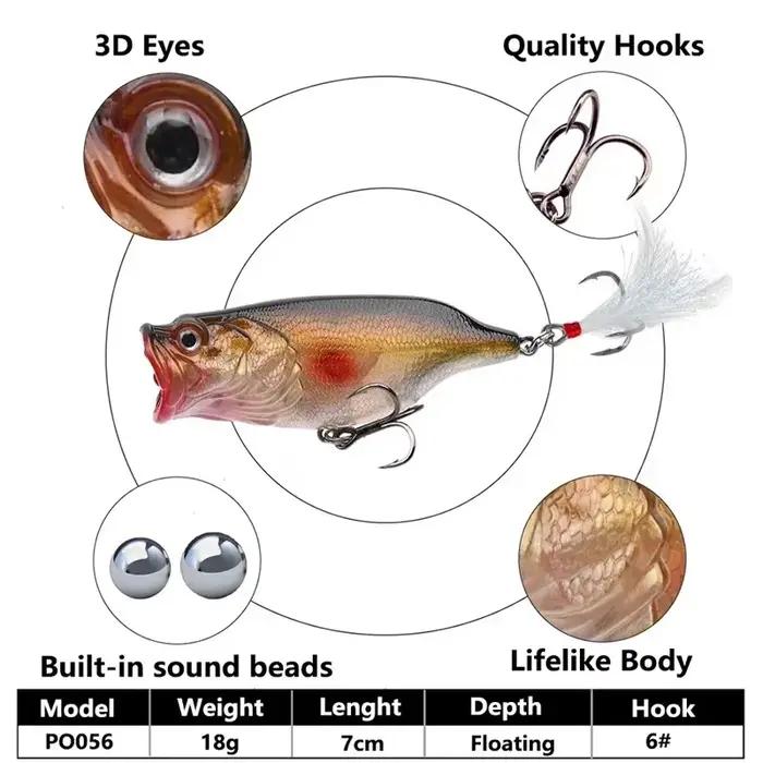 Leurre de pêche Topwater Popper 18g pour bar, chevesne, serpent de mer eau douce action flottante walk the dog occasion pêche en bateau, plage, lac, rivière