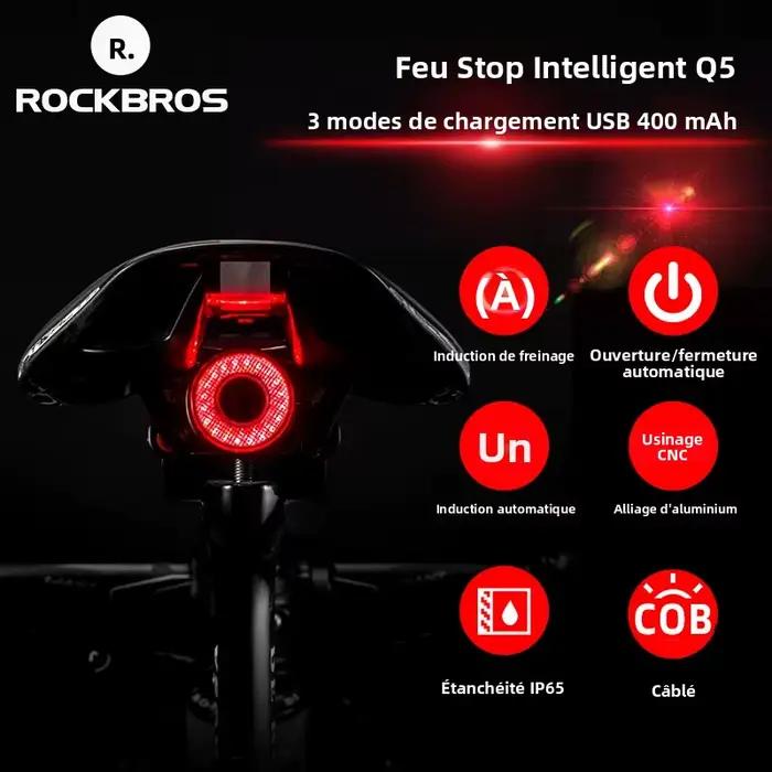 Lumière arrière intelligente ROCKBROS pour vélo avec détection automatique de freinage, étanche IPx6, pour randonnées nocturnes et courses cyclistes