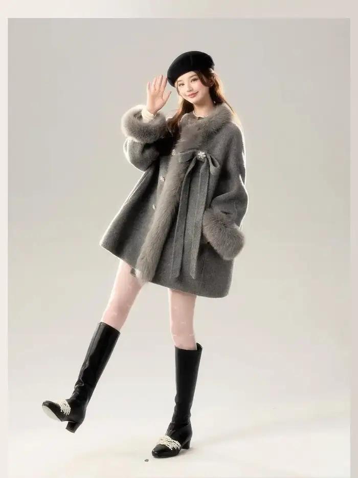 Manteau en laine gris avec nœud pour femme, haut mi-long, vêtements français doux, haut de gamme, fourrure épissée, nouvelle ville Piedmont, hiver