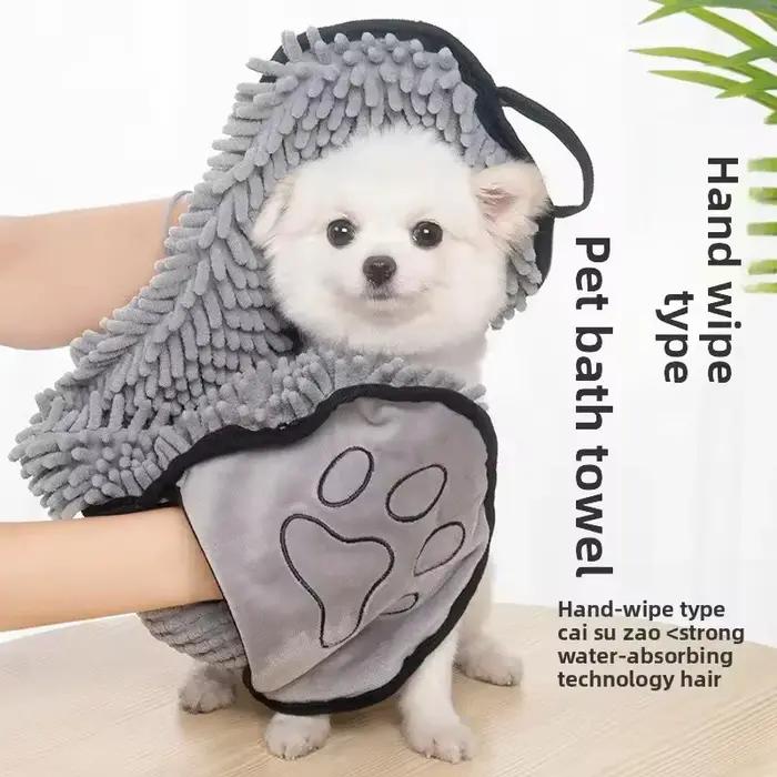 Serviette de bain en chenille pour chiens et chats avec poches pour les mains ultra-absorbante pour bains quotidiens et promenades sous la pluie