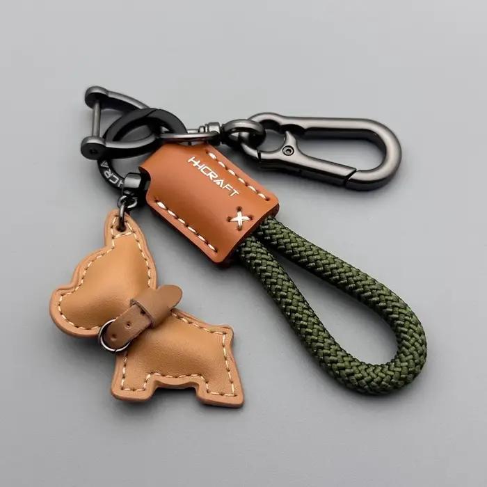 Porte-clés bouledogue français en cuir véritable fait à la main