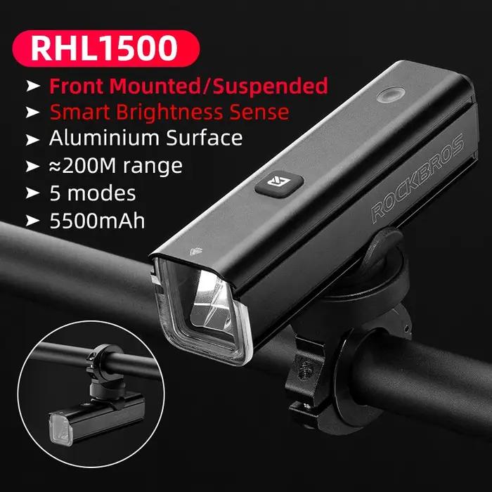 Lampe de vélo ROCKBROS 1500 Lumens Aluminium Étanche IPX6 pour Cyclistes Sécurité Nocturne Roulement Longue Durée