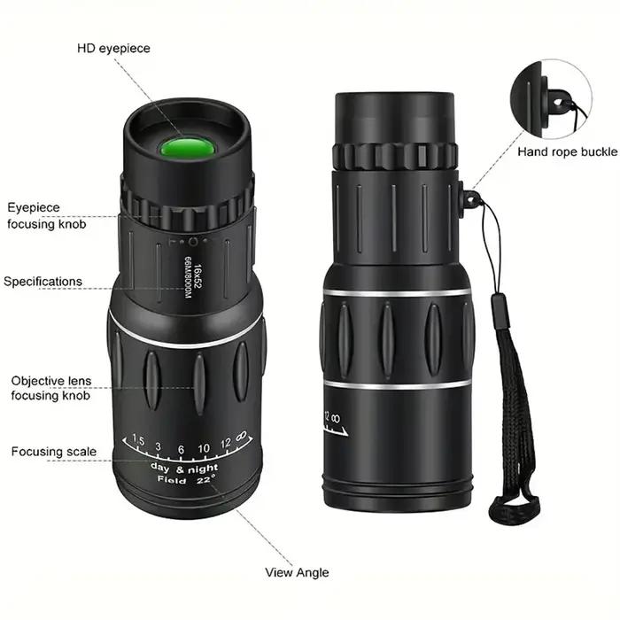 Monoculaire 16x52 HD Télescope IPX4 Étanche Longue Distance Stabilisation Image Observation Faune Randonnée