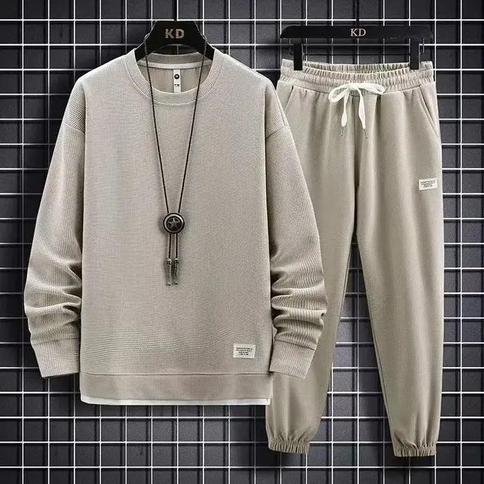 2025 printemps et automne nouveaux hommes gaufre deux pièces sweat-shirt décontracté et pantalon de