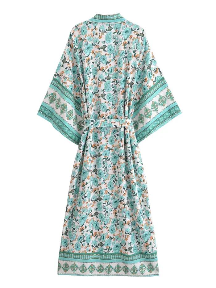 Kimono plage vintage fleuri jaune - Robe maxi manches chauve-souris - Couverture bikini bohème