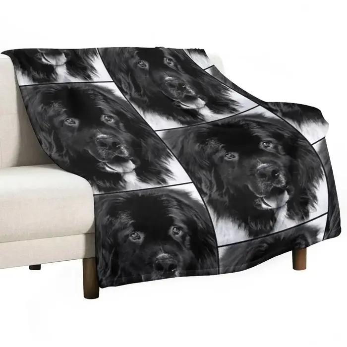 Couverture à motifs pour homme avec portrait de chien de la Terre Neuve en noir et blanc, couverture