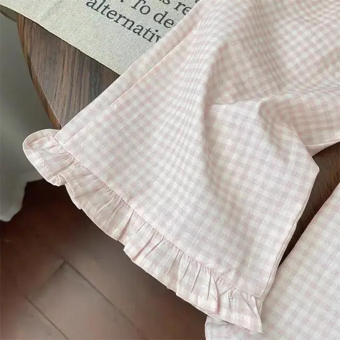 Ensembles de vêtements pour enfants, haut à manches courtes avec nœud + pantalon à jambes larges à carreaux, ensemble de 2 pièces, vêtements pour enfants en bas âge
