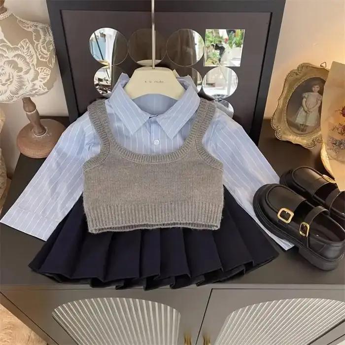 Ensemble de vêtements pour bébé fille, chemise en coton et jupe plissée, tenue à la mode, printemps, automne, hiver, pour enfant de 1 à 10 ans, ajustement parfait, col en V, boutonnage simple