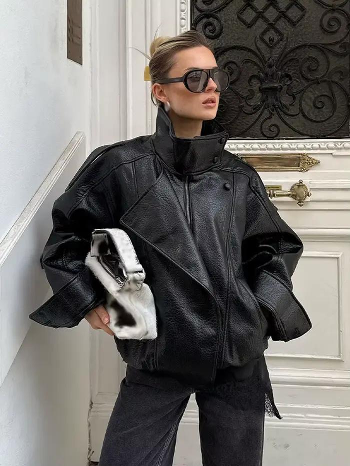 HH femmes automne élégant Style de rue manteaux femme asymétrique bouton poche manches longues noir