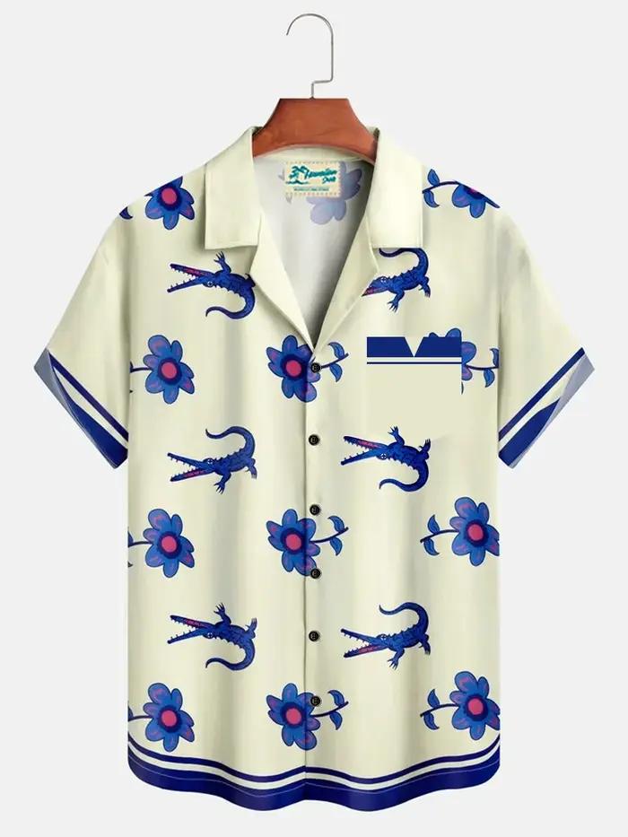 Chemise Crocodile florale pour hommes, chemise hawaïenne d'été à manches courtes, chemise à revers,
