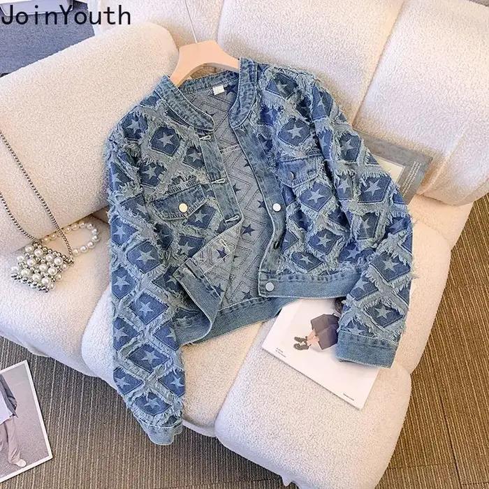 Veste en jean pour femmes, style décontracté, vintage et streetwear, vêtement d'extérieur pour toutes les saisons, col rond, polyester et coton, boutonnière simple, ajustement parfait