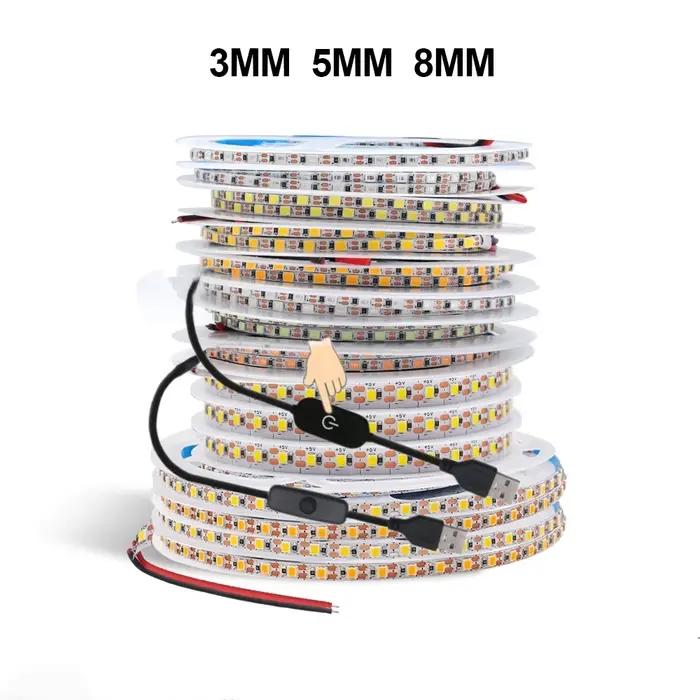 Bande lumineuse LED USB à intensité variable, DC5V, 3MM, 5MM, 8MM, largeur PCB, corde Flexible, 2835