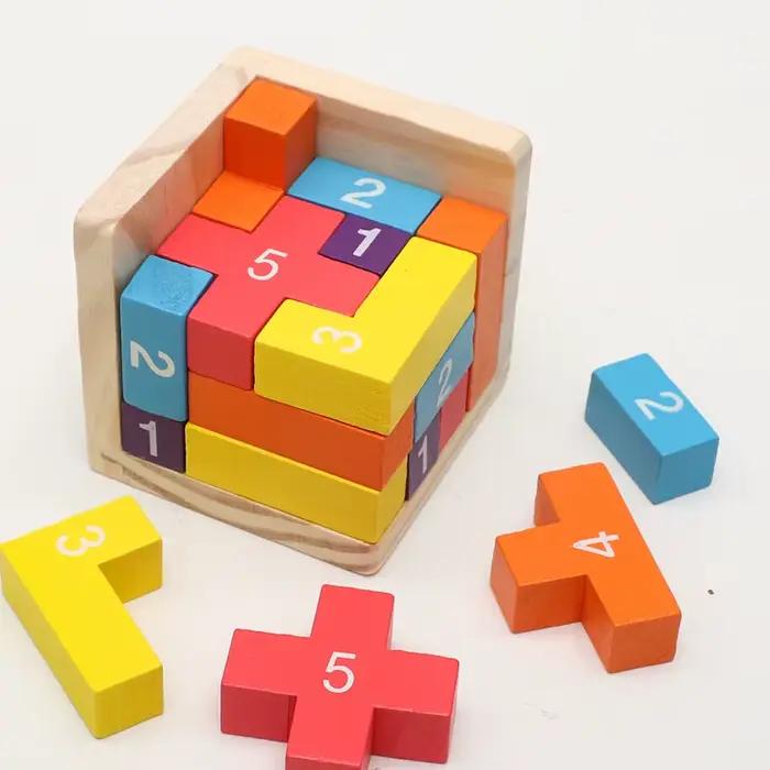 Puzzles en blocs de bois colorés, jouets de puzzle 3D classiques Luban Lock Cube, jeu intellectuel pour enfants et adultes