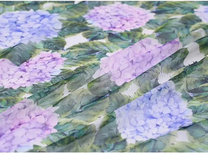 Tissu en mousseline de soie naturelle hortensia feuilles vertes peluche pour robe Tecido Tulle Seda bon marché bricolage