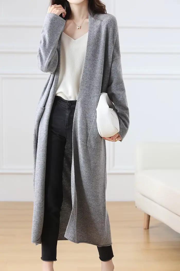 Cardigan en laine à col en V pour femme, pull 100% laine, monochromatique, mode féminine, long, tric