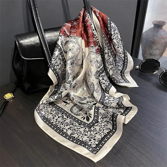 Nouveau 100% véritable soie Satin femmes écharpe 2025 fleur imprimé Foulard Femme carré foulards Ban