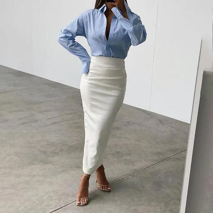 Jupe longue taille haute en cuir pour femmes, jupe moulante sexy, fente pour documents, noir et blan